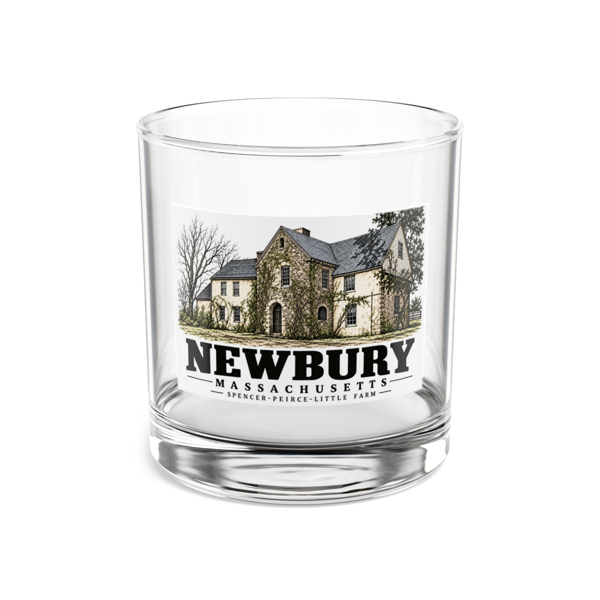 Front of Spencer-Peirce-Little Farm rocks glass, with Newbury, Massachusetts artwork and lettering.