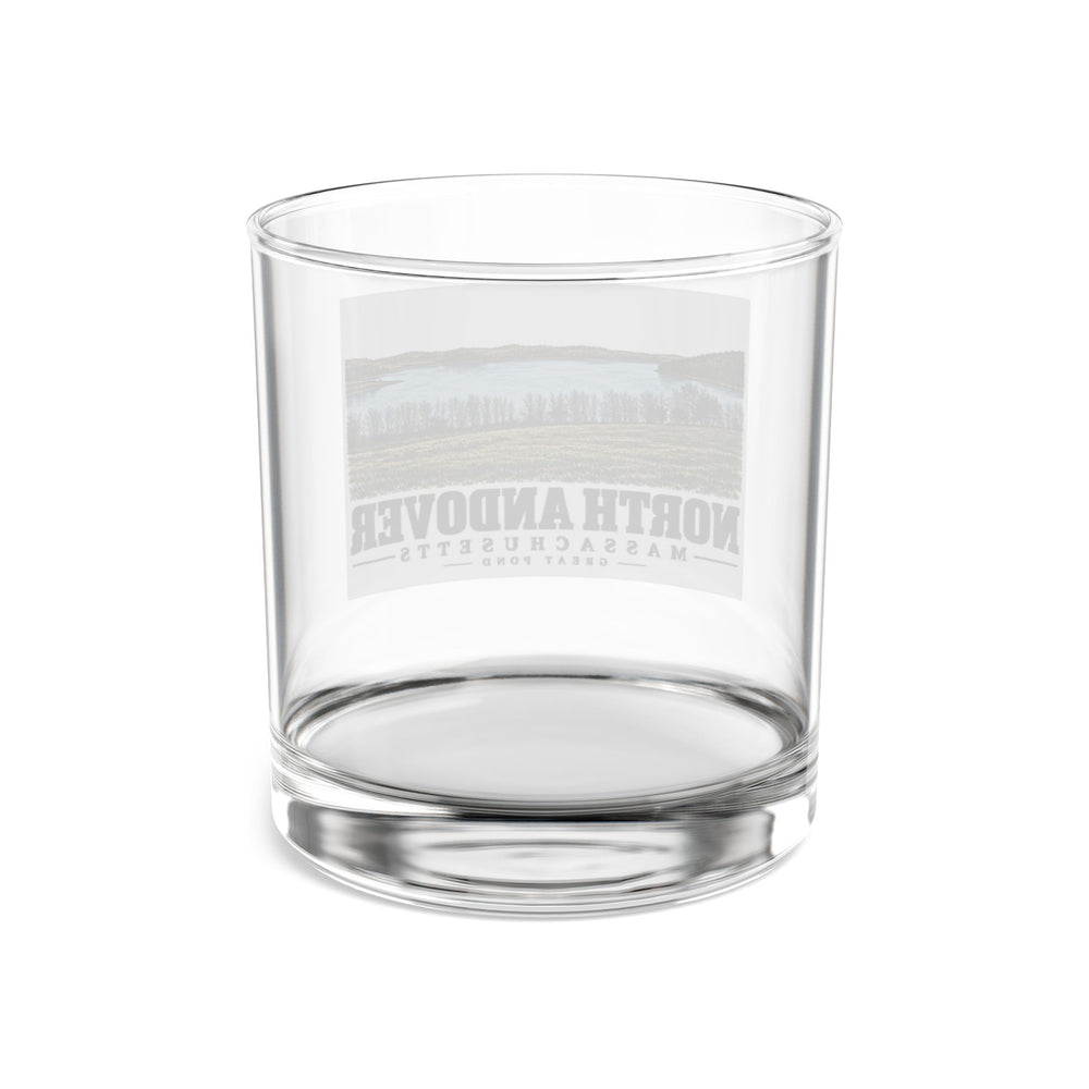 Transparent reverse of Great Pond rocks glass, with North Andover, Massachusetts artwork and lettering.