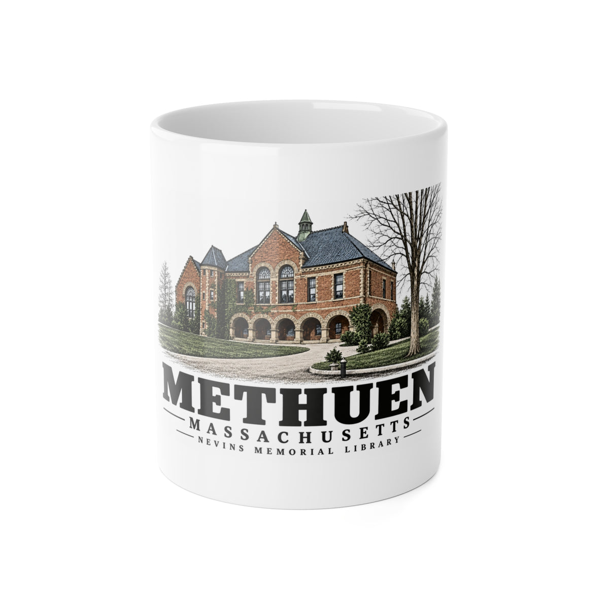 Methuen The Nevins Memorial Library, p.100 lower image 11 oz White Ceramic Mug - Merrimack Valley Goods