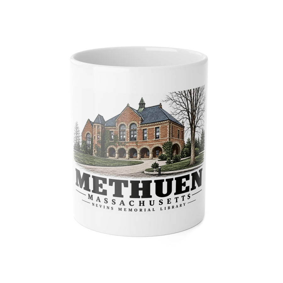 Methuen The Nevins Memorial Library, p.100 lower image 11 oz White Ceramic Mug - Merrimack Valley Goods