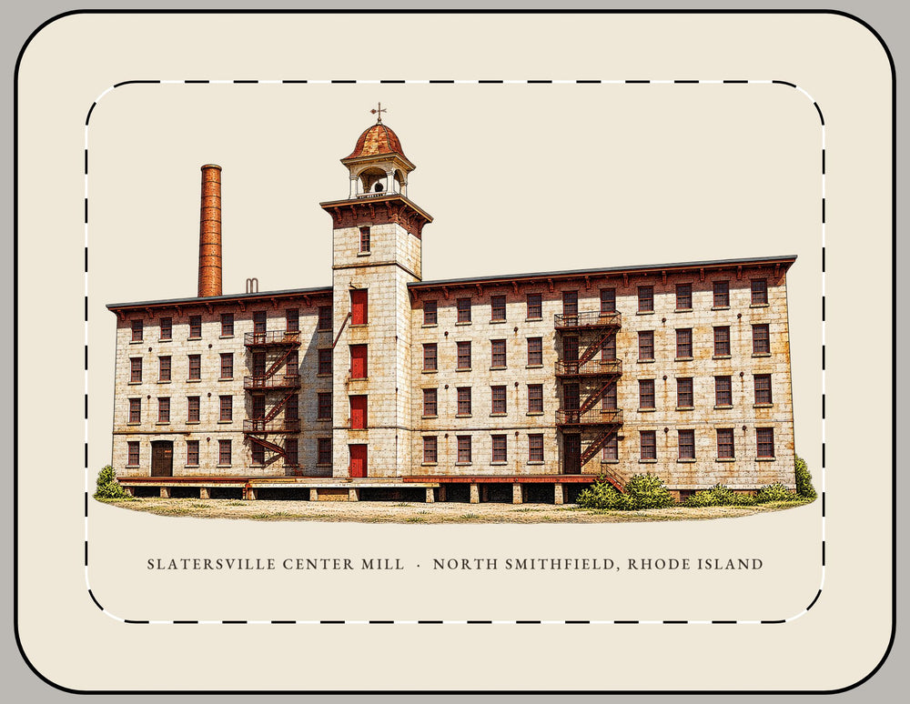 North Smithfield Slatersville Center Mill 15-inch laptop sleeve mockup showing the full illustrated print