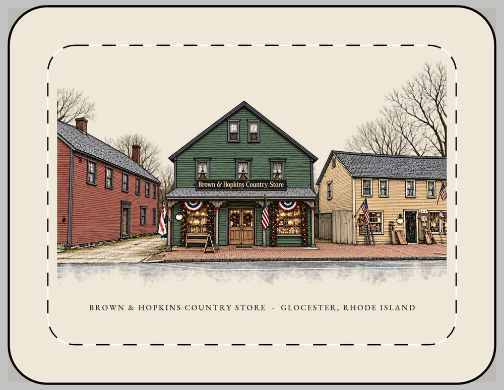Glocester Brown & Hopkins Country Store, Chepachet 13-inch laptop sleeve mockup showing the full illustrated print