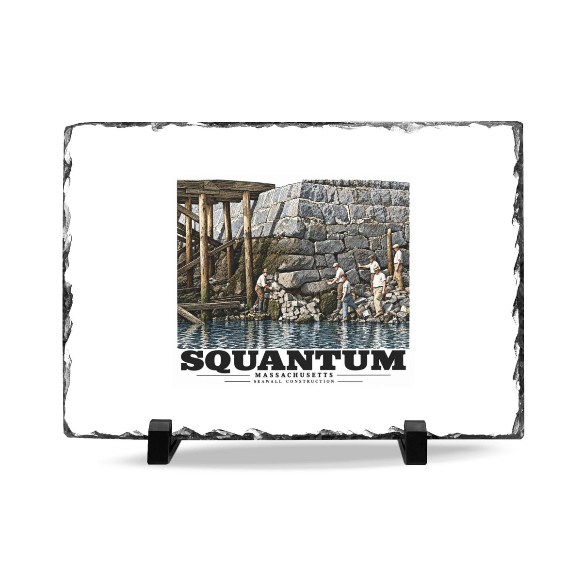 Repairing seawall near administration Building, Squantum 7 × 11 in Slate Desk Plaque - Boston Harbor