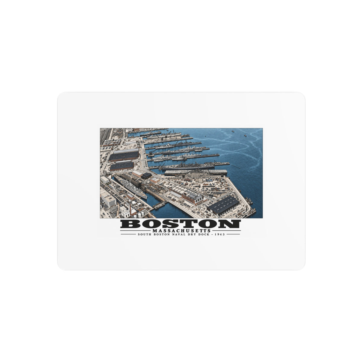 Aerial view of US Naval Dry Dock-BB-61 USS IOWA in dry dock #3-USS BUNKER HILL at East Jetty-AP-21 USS WAKEFIELD at pier 7 × 5 in Horizontal Metal Wall Art - Boston Harbor
