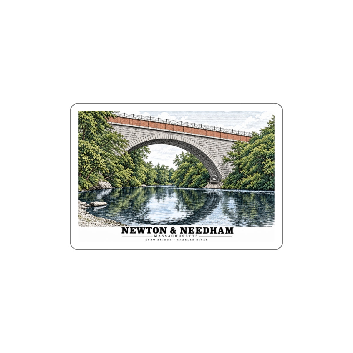 Echo Bridge, Hemlock Gorge, Upper Falls; Charles River and Ellis Street 4 in White Die-Cut Sticker - Charles River
