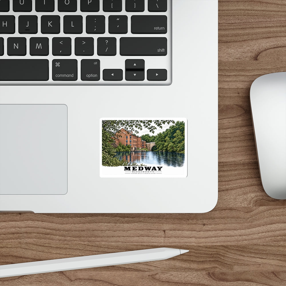 Sanford Mills and Sanford Street Bridge, Charles River, Medway village 4 in White Die-Cut Sticker - Charles River