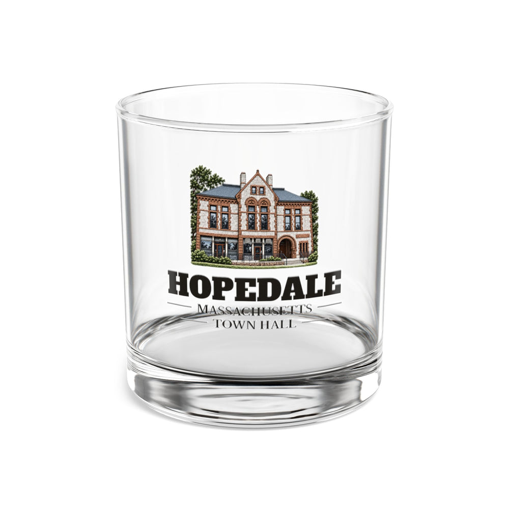 Front view of the Hopedale Town Hall artwork printed on a clear 10 oz rocks glass
