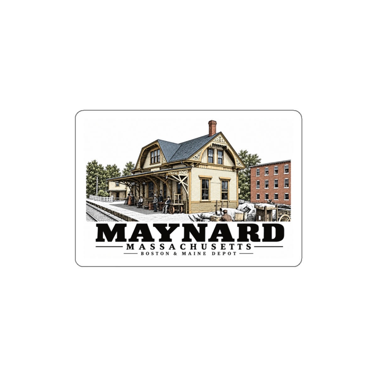 Illustrated Boston & Maine Depot in Maynard on die-cut sticker