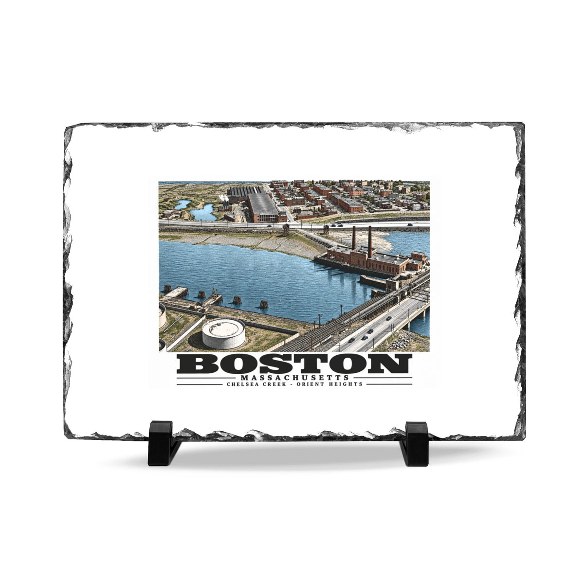 Orient Heights taken at 600 feet-Shore line, Chelsea Creek, East Boston 7 × 11 in Slate Desk Plaque - Boston Harbor