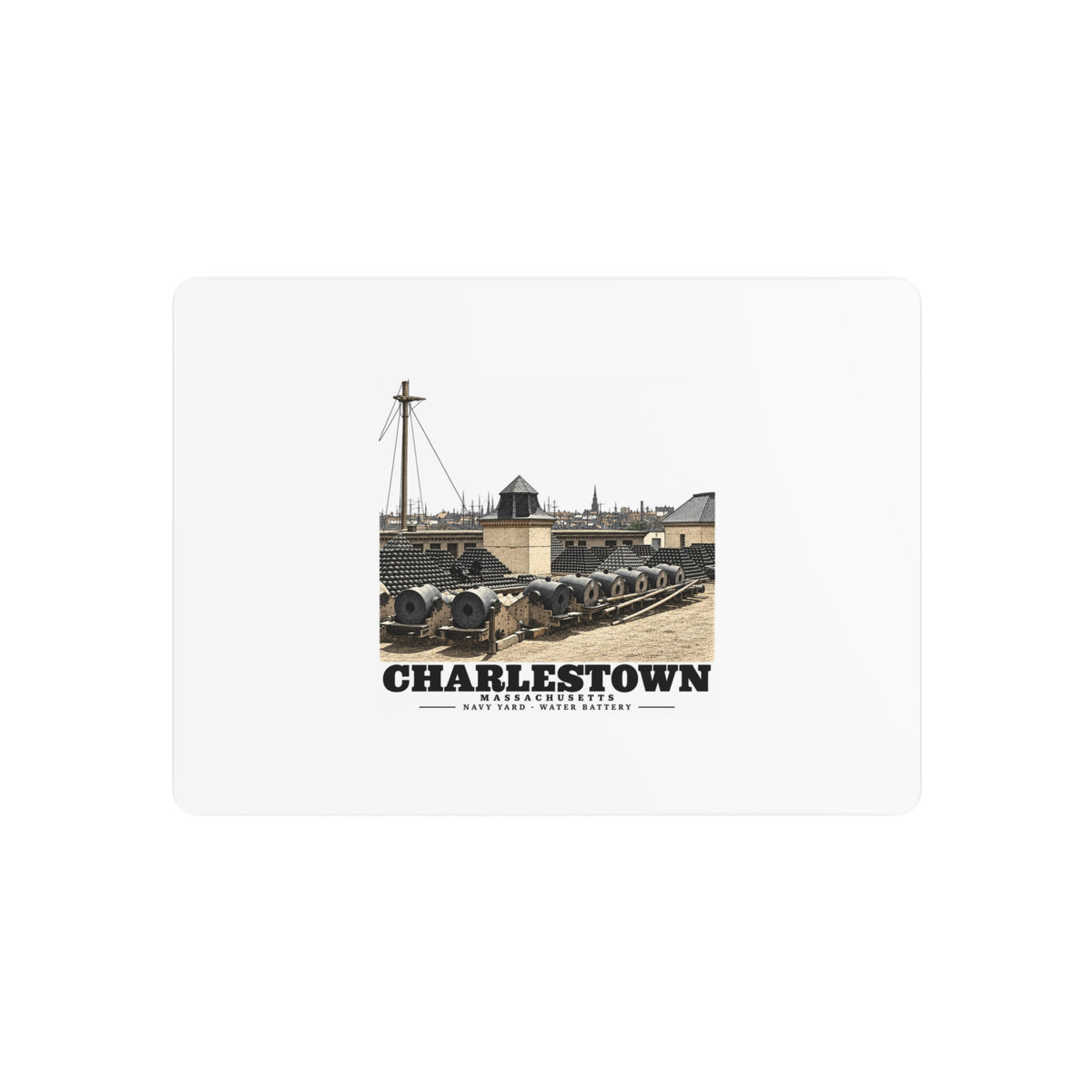 Front of 7 x 5 inch metal wall art with Water Battery artwork and Charlestown lettering