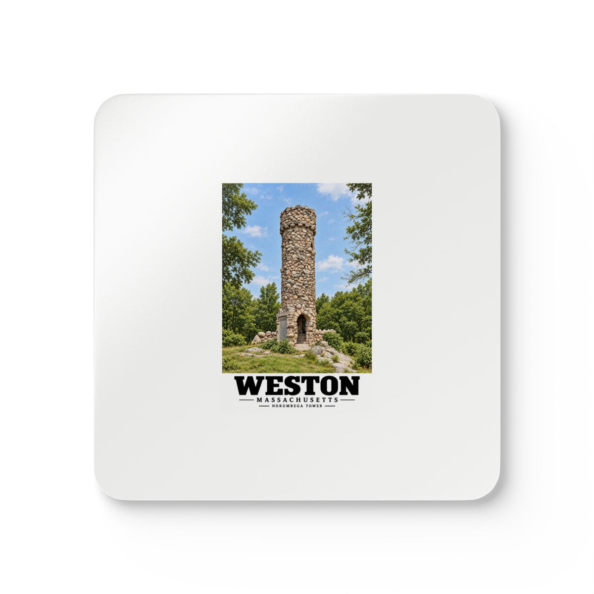 Illustrated Norumbega Tower in Weston on corkwood coaster set