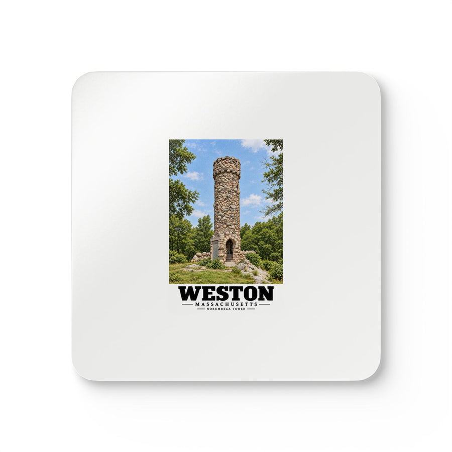 Illustrated Norumbega Tower in Weston on corkwood coaster set