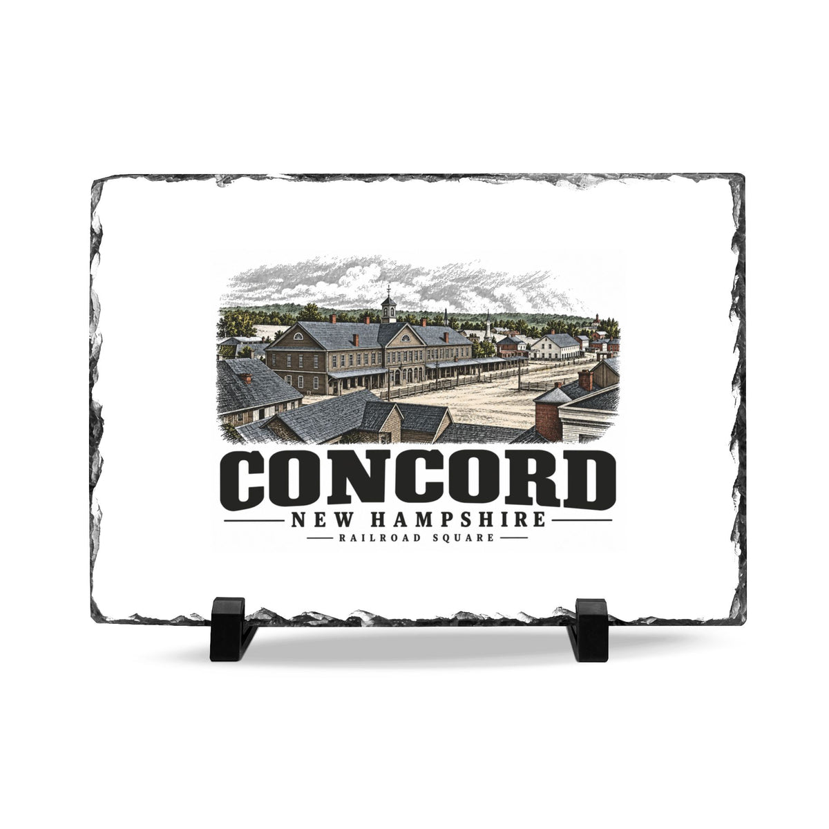 Illustrated Railroad Square in 1858, showing Portsmouth Railroad station in Concord on slate desk plaque