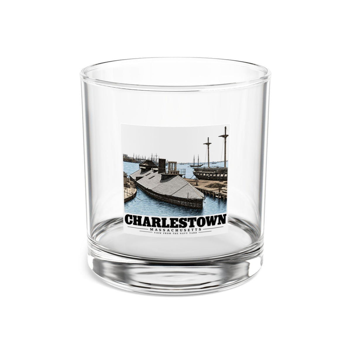 Front of clear 10 oz rocks glass with Navy Yard waterfront and Charlestown artwork