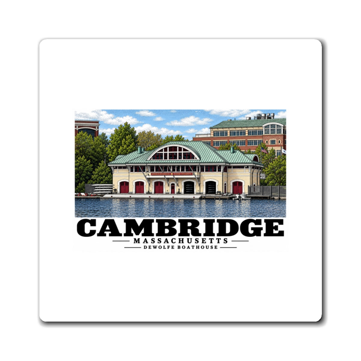Front view of the square magnet with Cambridge DeWolfe Boathouse artwork on a white background.