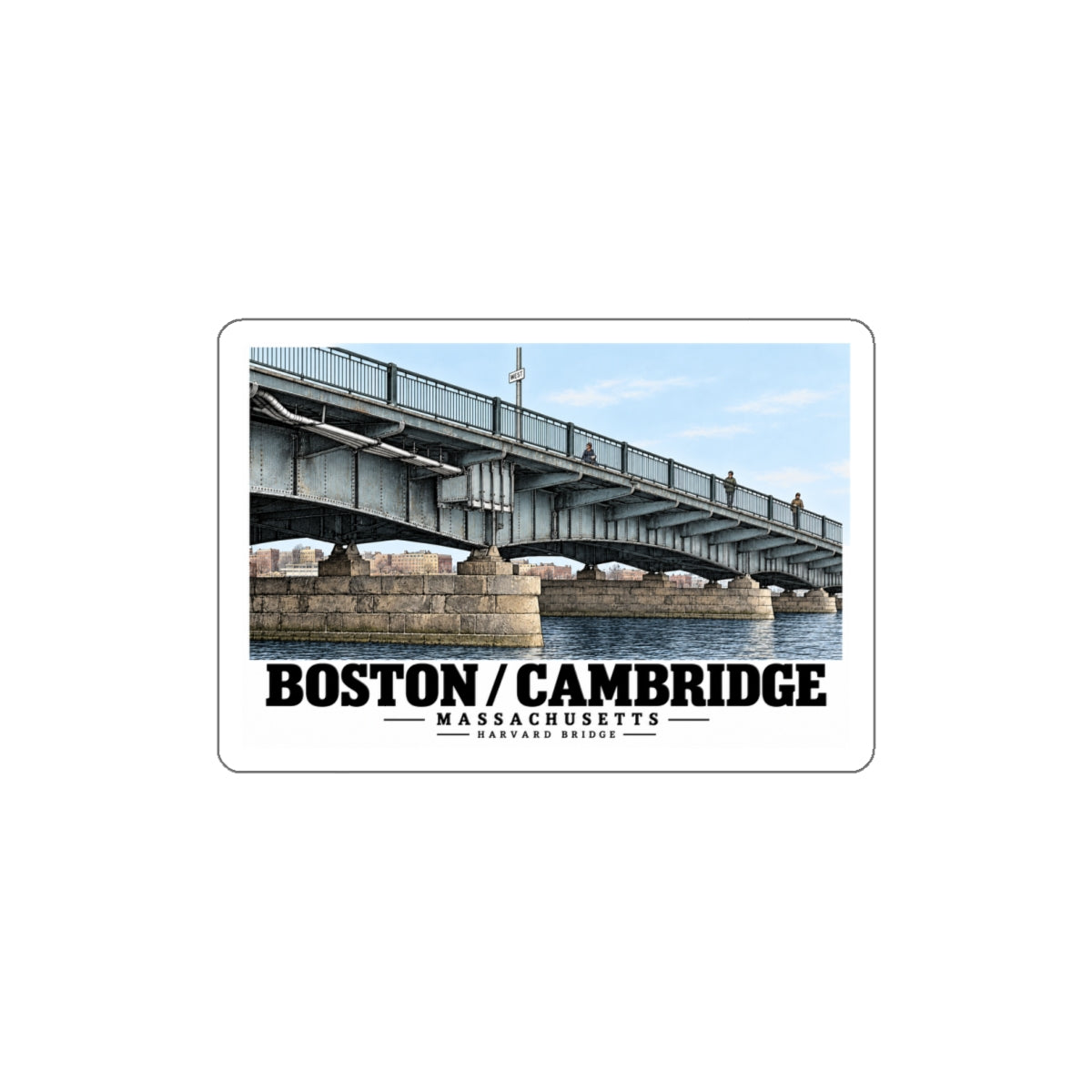 White-bordered sticker showing Harvard Bridge close girder view with Boston/Cambridge lettering