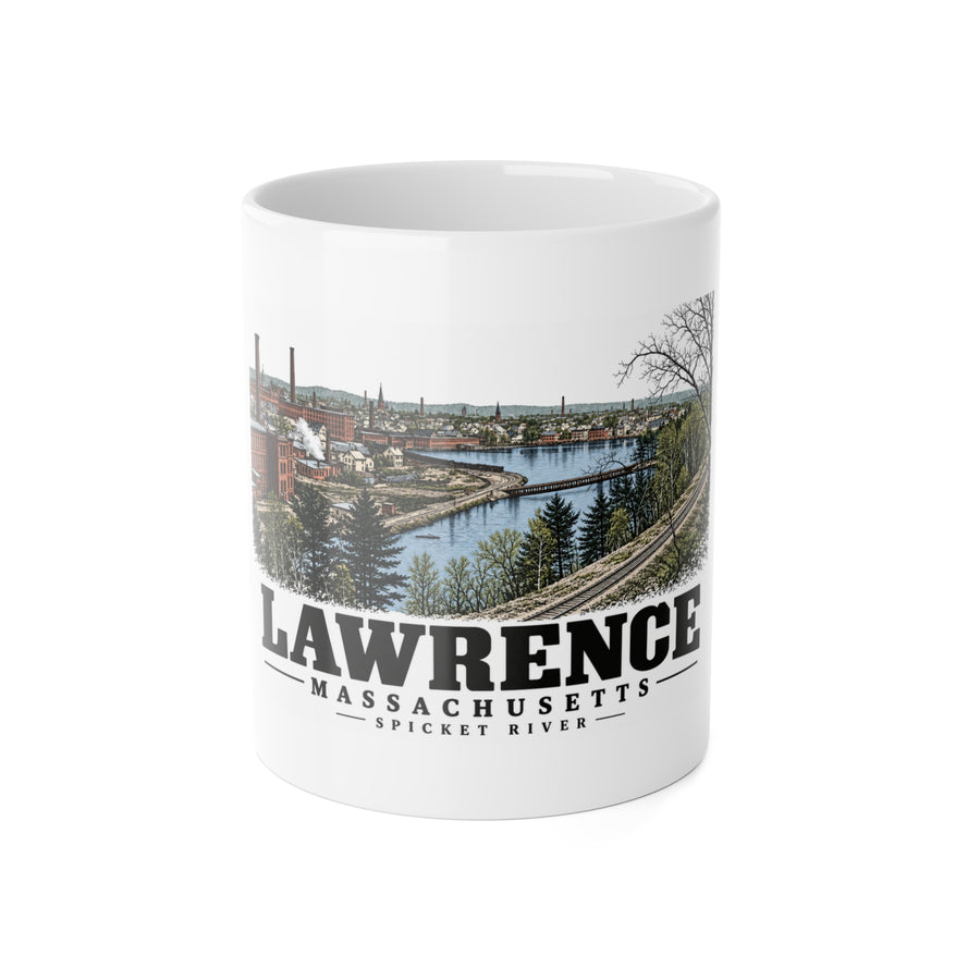 Lawrence Spicket River factories and railroad tracks 11 oz White Ceramic Mug - Merrimack Valley Goods