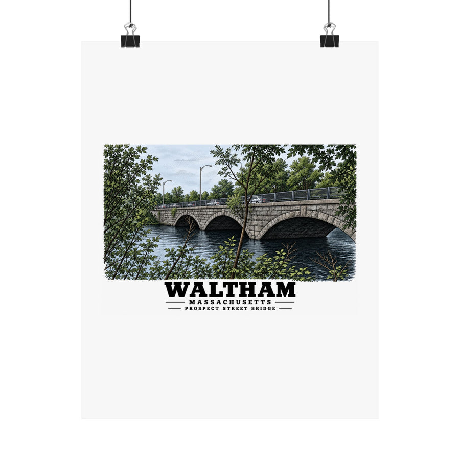Prospect Street Bridge stone arches and river poster with Waltham lettering hanging from two binder clips