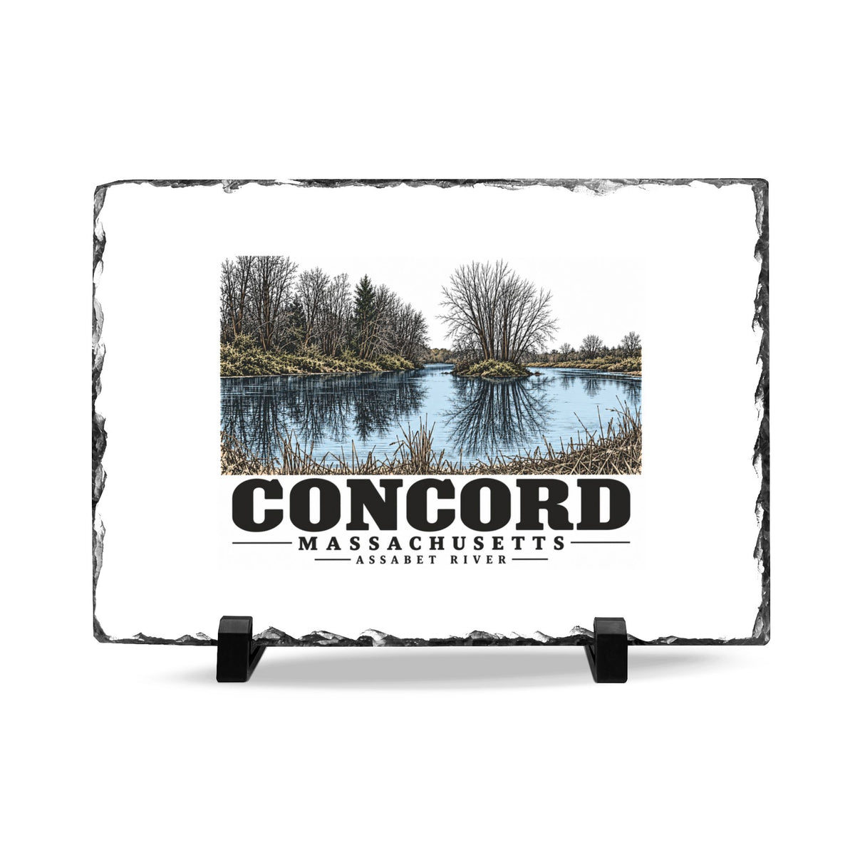 Illustrated Assabet River in Concord on slate desk plaque