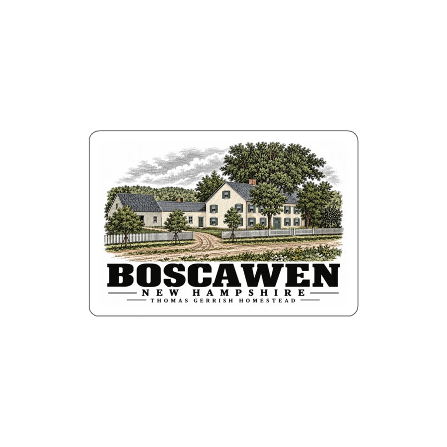 Front of Deacon Thomas Gerrish residence white die-cut sticker, with Boscawen, New Hampshire artwork and lettering.