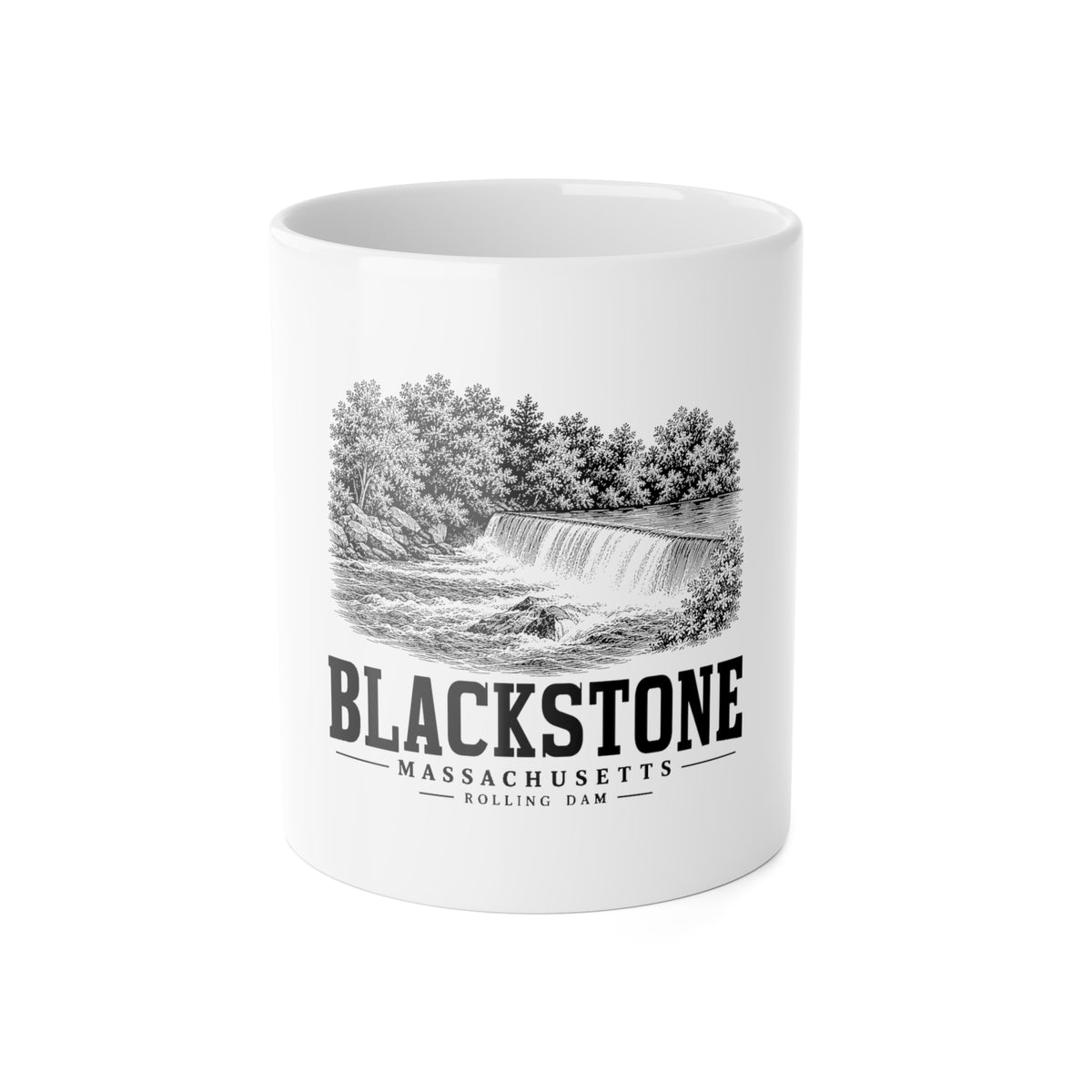 Blackstone Rolling Dam 11 oz Ceramic Mug in White — front view