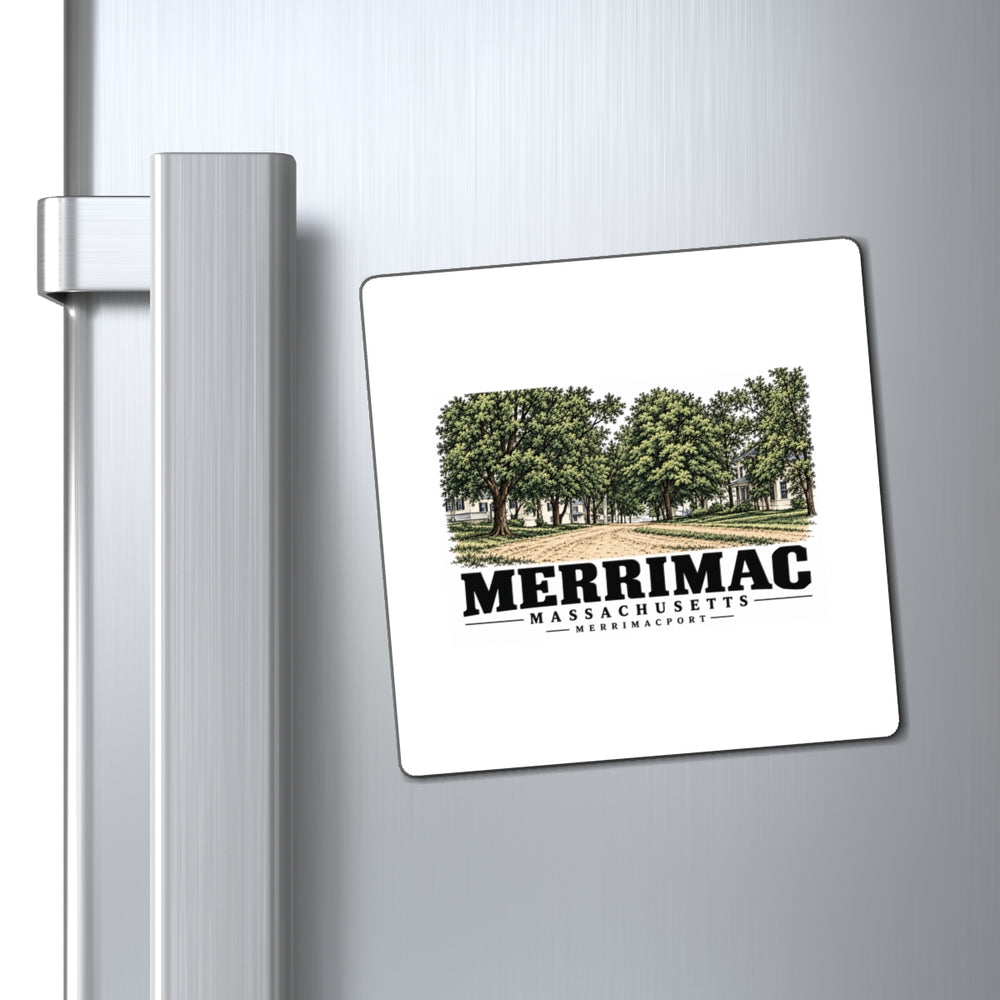 Refrigerator display of Merrimac Street square magnet, with Merrimac, Massachusetts artwork and lettering.
