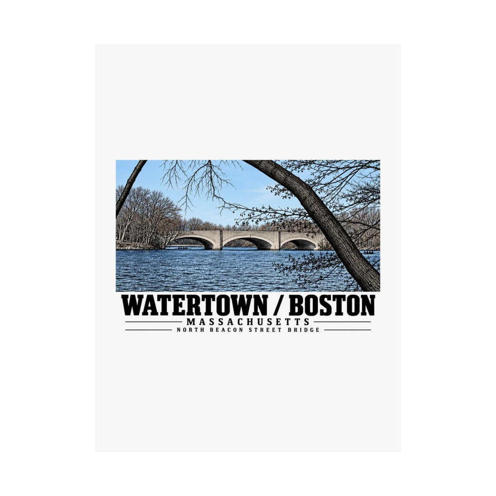 Flat North Beacon Street Bridge stone arches framed by a bare tree poster with Watertown/Boston lettering