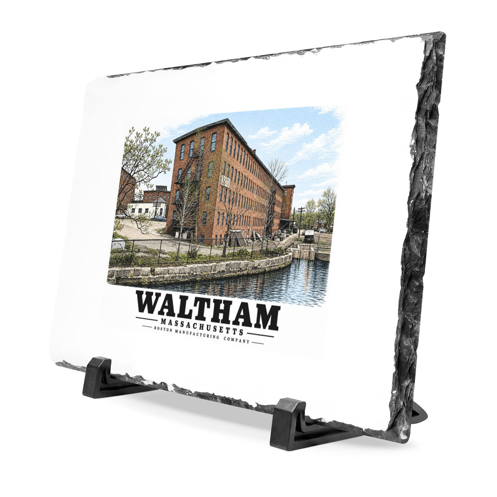 Illustrated Boston Manufacturing Company in Waltham on slate desk plaque