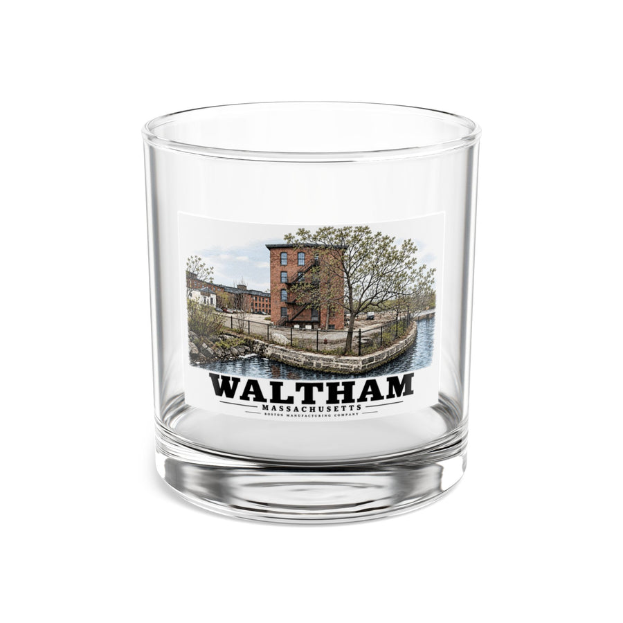 Illustrated Boston Manufacturing Company in Waltham on rocks glass