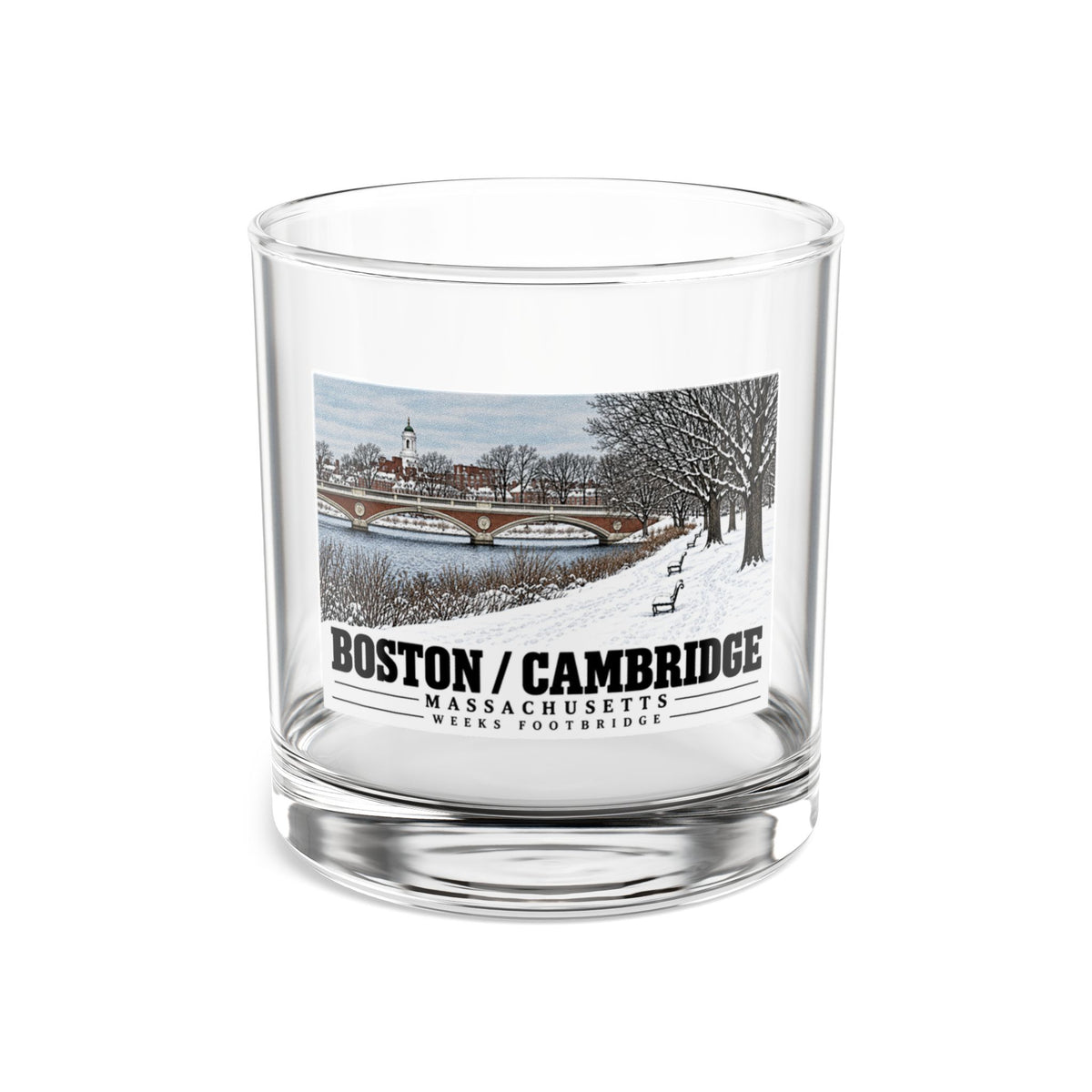 Clear rocks glass showing Weeks Footbridge winter riverbank view with snow and benches artwork and Boston/Cambridge lettering