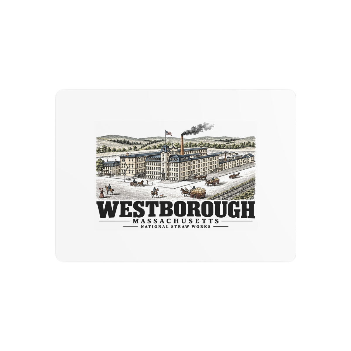 Illustrated National Straw Works in Westborough on metal art sign