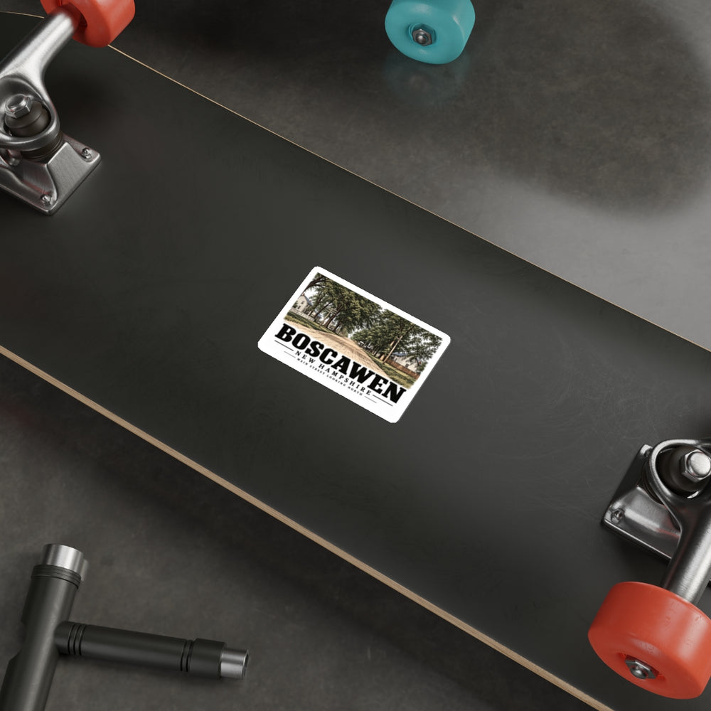 Skateboard display of Main Street Looking North white die-cut sticker, Boscawen, New Hampshire.