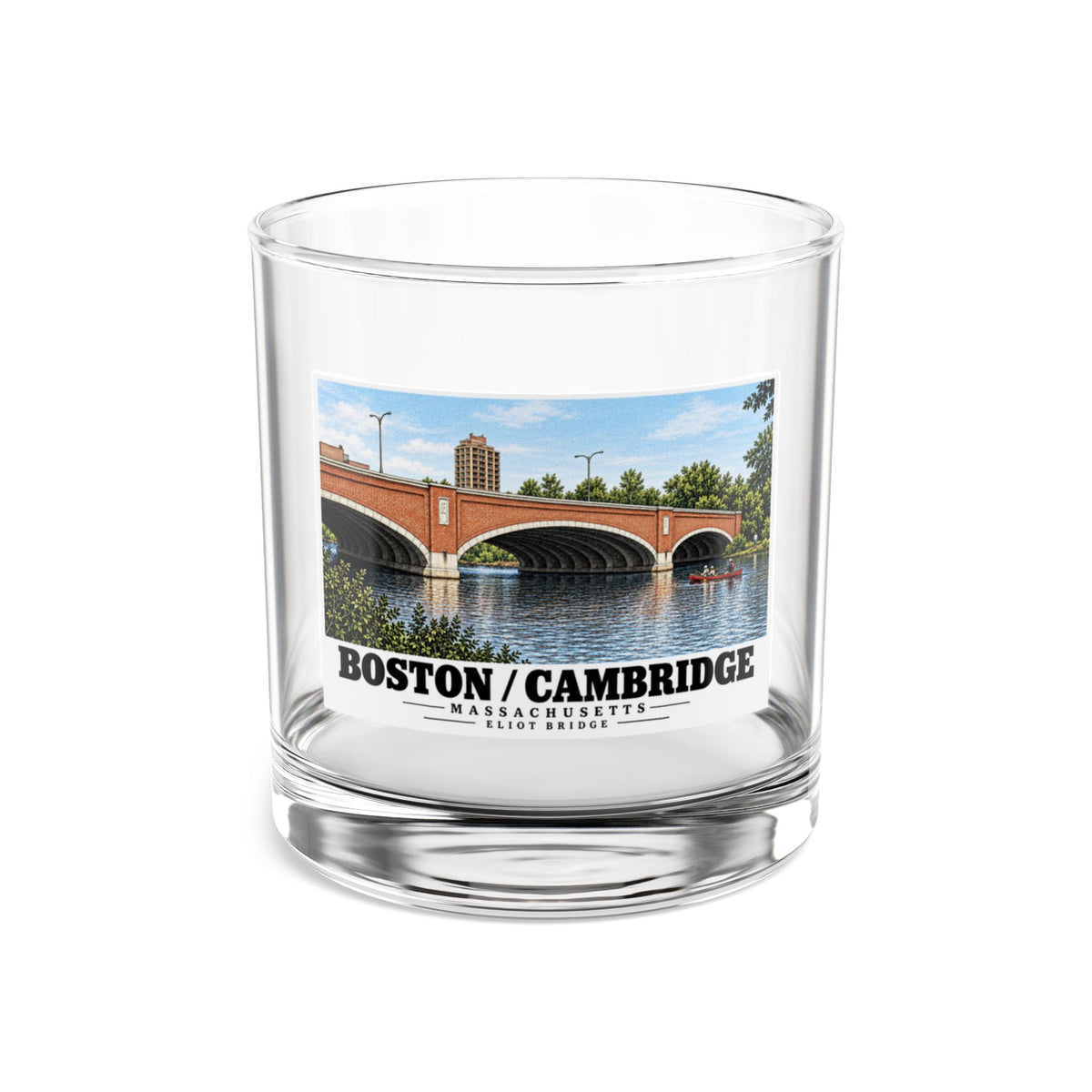 Clear rocks glass showing Eliot Bridge red brick arches and boats artwork and Boston/Cambridge lettering