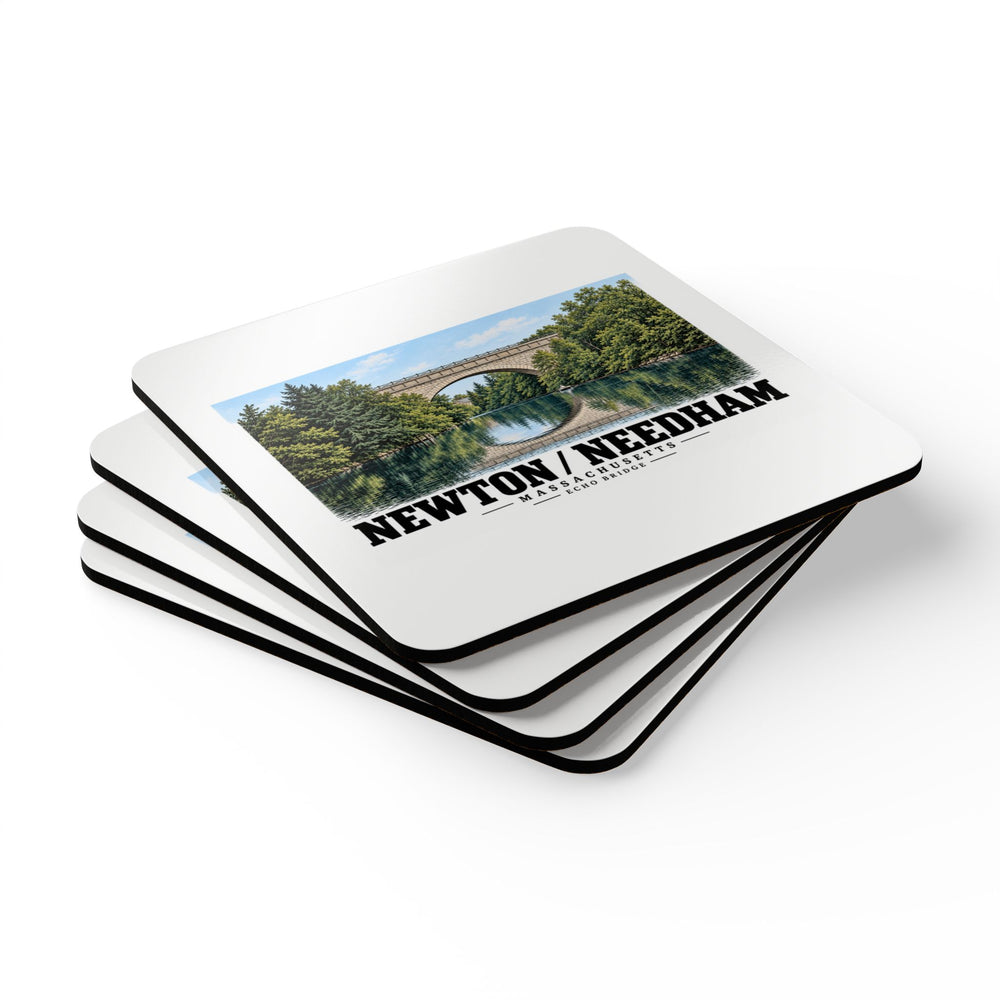 Stack of four coasters with Echo Bridge artwork and Newton/Needham lettering on the top coaster