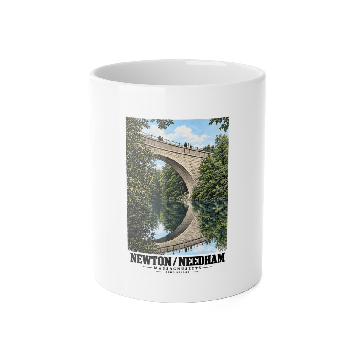 White mug showing Echo Bridge portrait artwork and Newton/Needham lettering