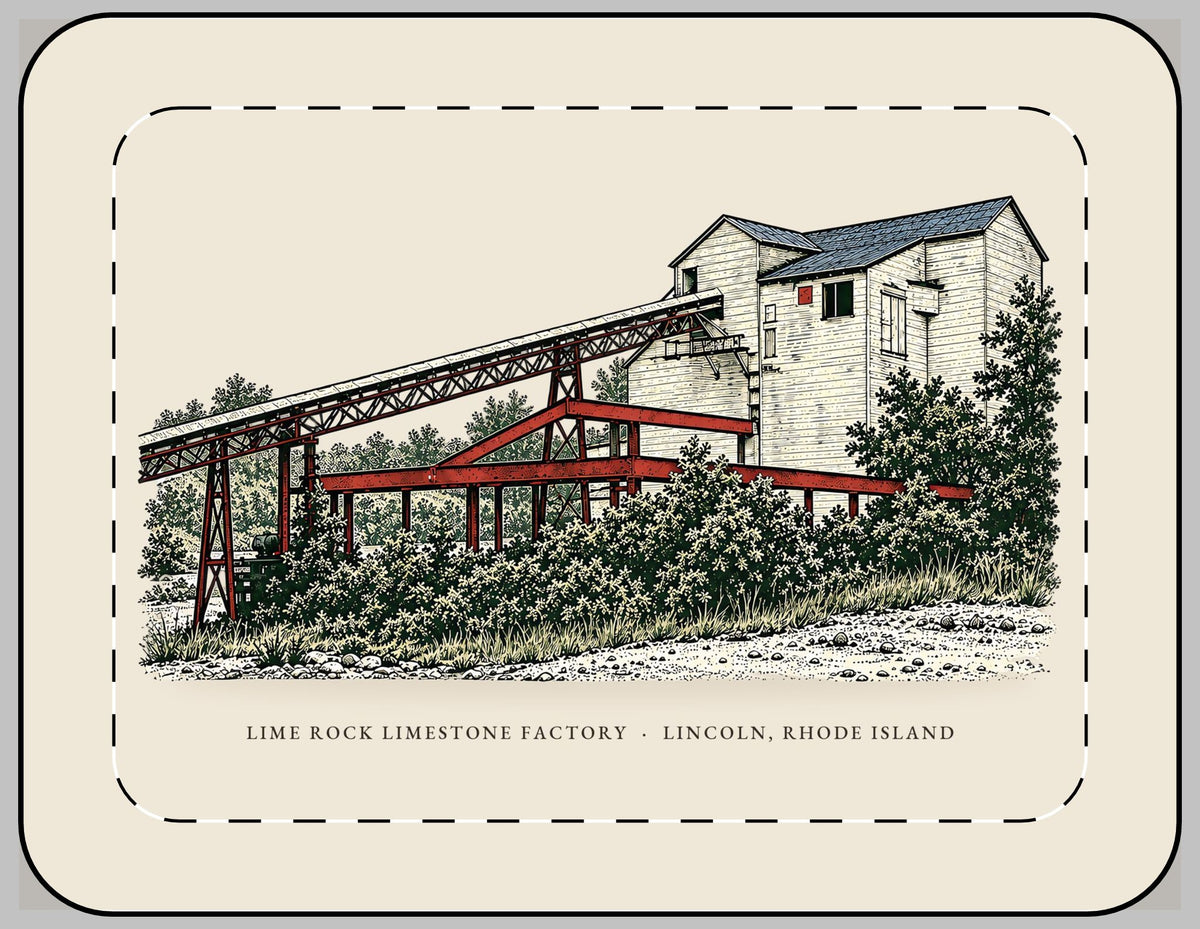 Lincoln Lime Rock Limestone Factory 13-inch laptop sleeve mockup showing the full illustrated print