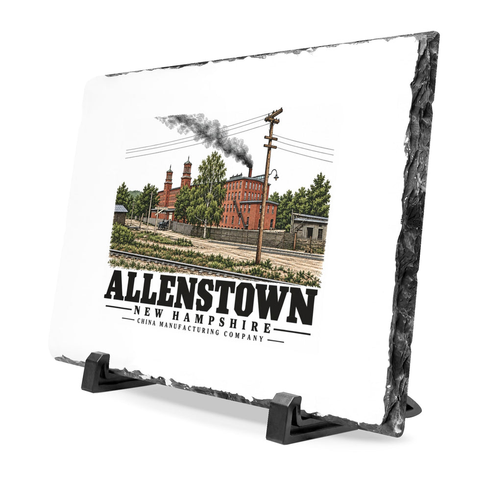 Illustrated China Manufacturing Company mill with rail tracks in Allenstown on slate desk plaque