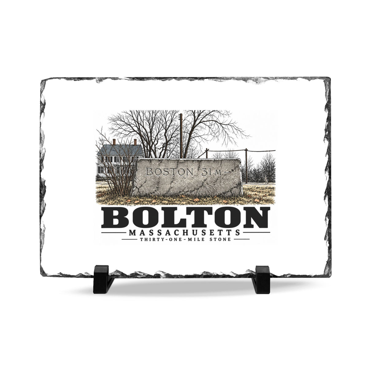 Illustrated Thirty-One-Mile Stone in Bolton on slate desk plaque