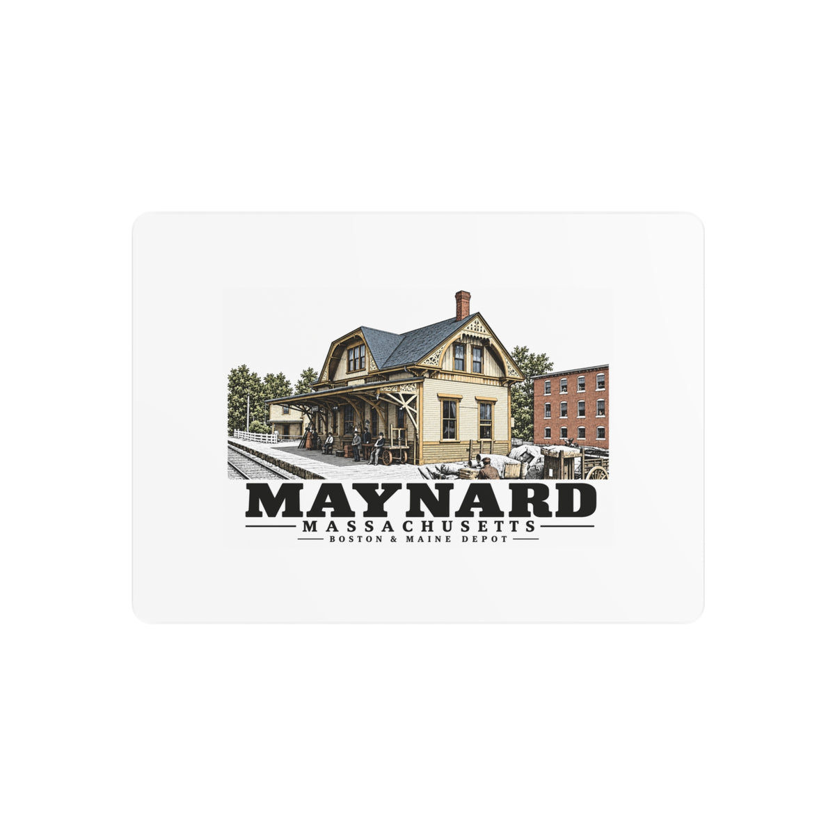 Illustrated Boston & Maine Depot in Maynard on metal art sign
