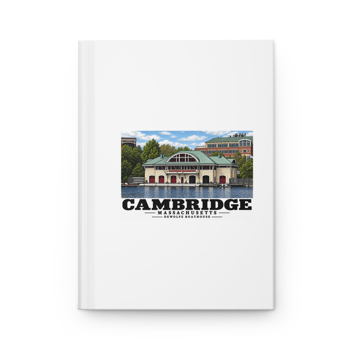 Closed front cover of the matte hardcover journal with Cambridge DeWolfe Boathouse artwork.