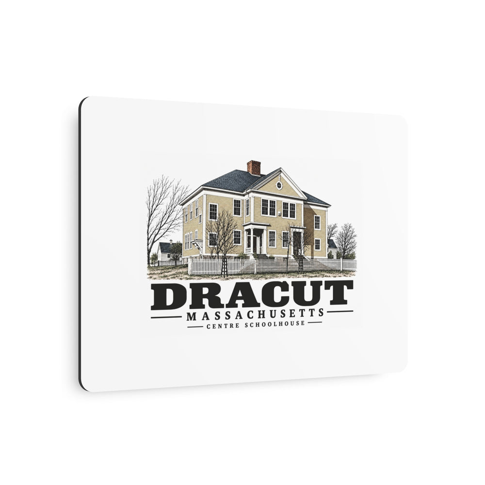 Angled front of Centre Schoolhouse metal wall art, with Dracut, Massachusetts artwork and lettering.