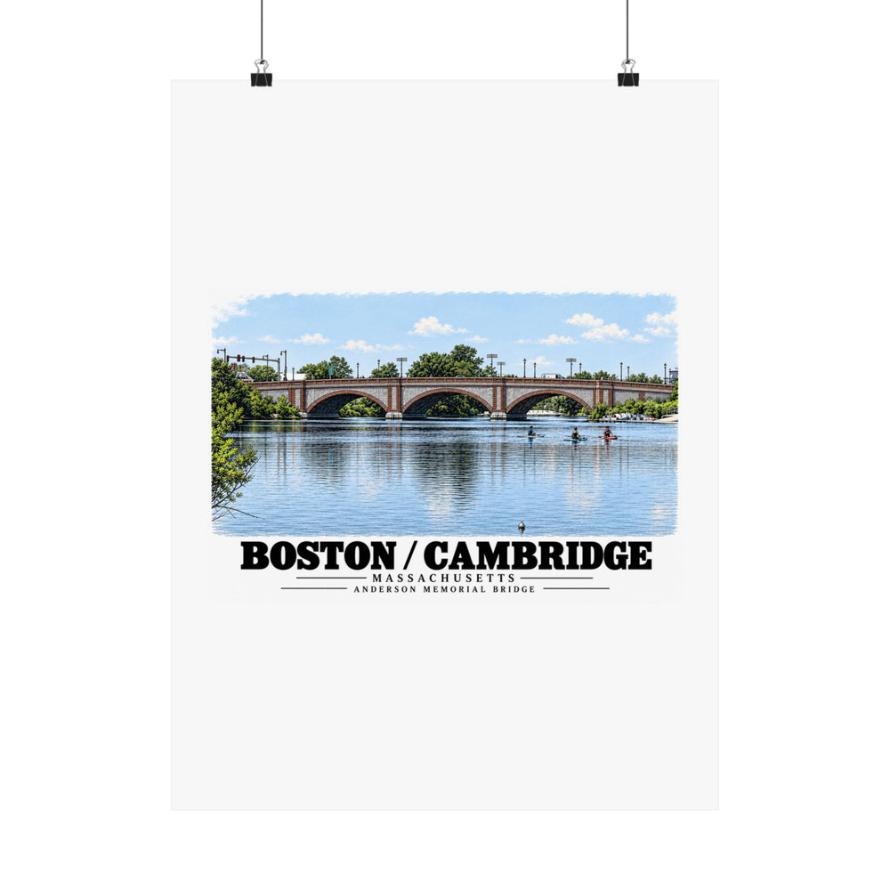 Anderson Memorial Bridge and scullers poster with Boston/Cambridge lettering hanging from two binder clips