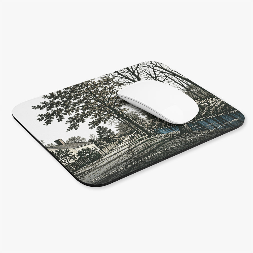Lincoln Old Ashton Kelly House and Blackstone Canal mouse pad shown on a desk with a mouse