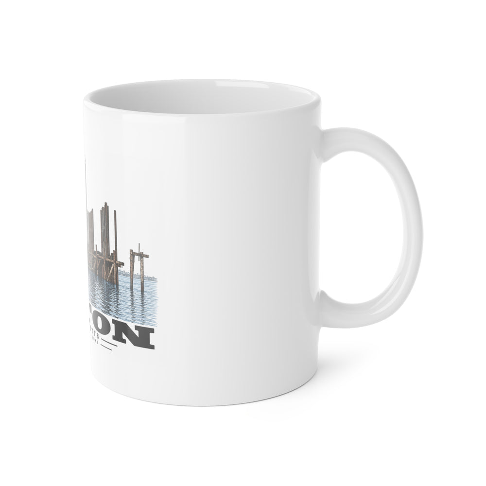 View from water of Navy Yard Annex/Dry Dock 11 oz White Ceramic Mug - Boston Harbor