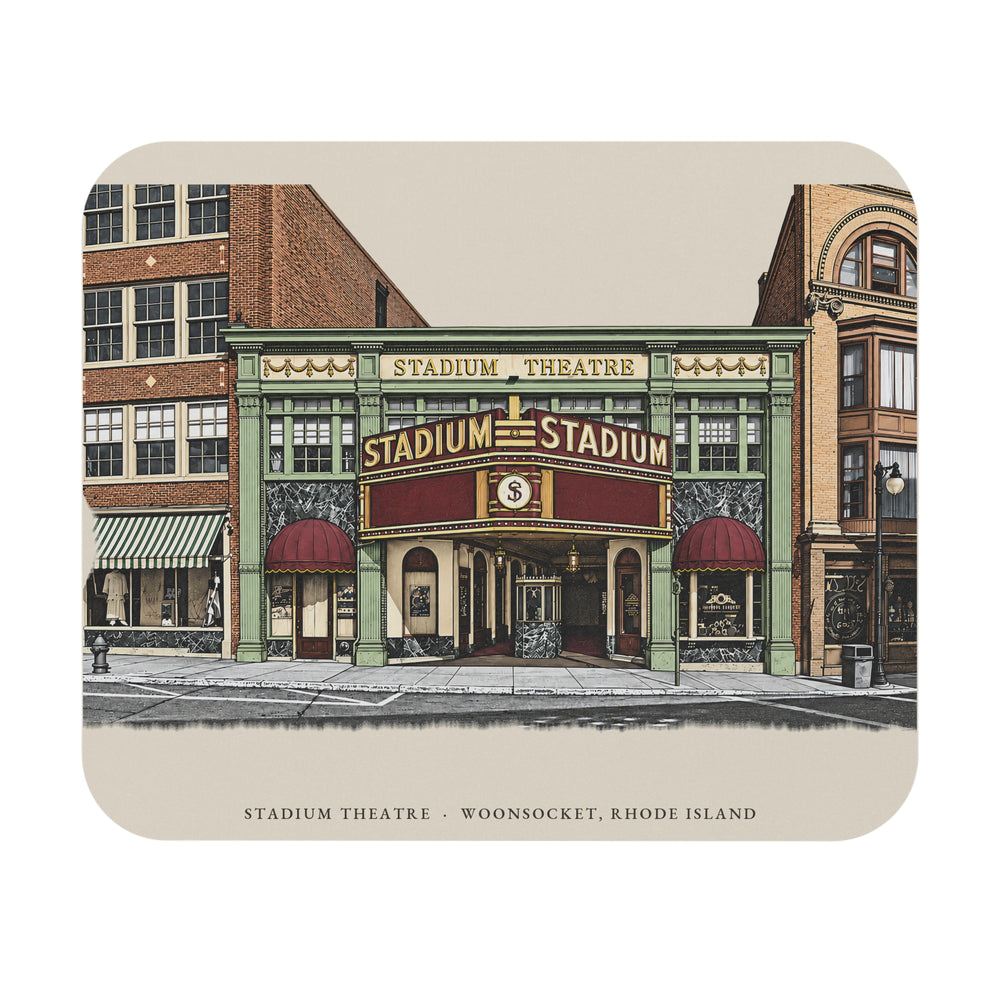 Woonsocket Stadium Theatre mouse pad mockup showing the full illustrated print