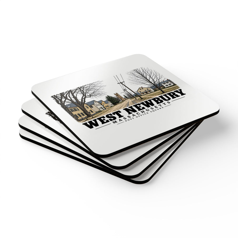 Stack of four coasters of Post Office Square square cork-backed coaster set, West Newbury, Massachusetts.