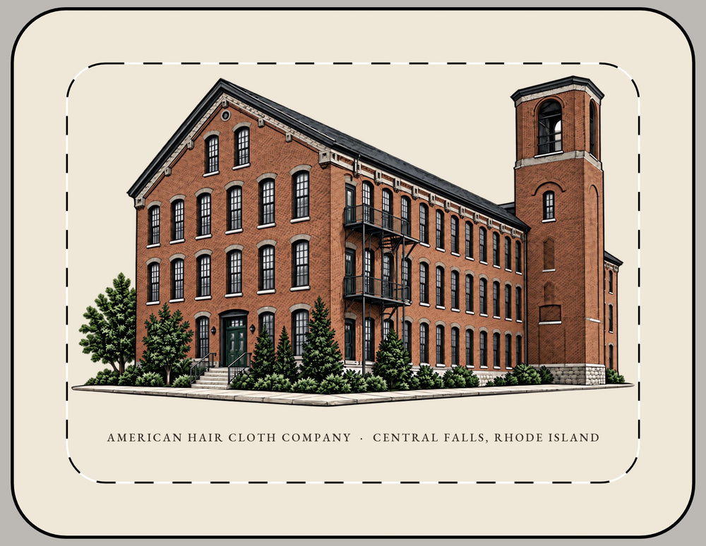 Central Falls American Hair Cloth Company 15-inch laptop sleeve mockup showing the full illustrated print