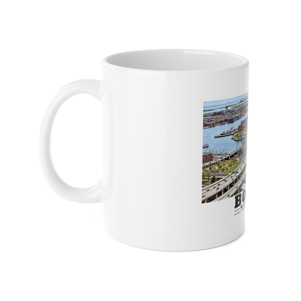 Aerial view of Boston with Zakim Bridge across Charles 11 oz White Ceramic Mug - Charles River