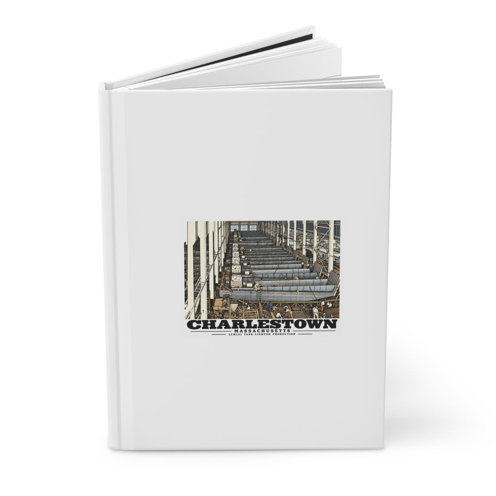 Partly open landing-craft hardcover journal showing printed front cover