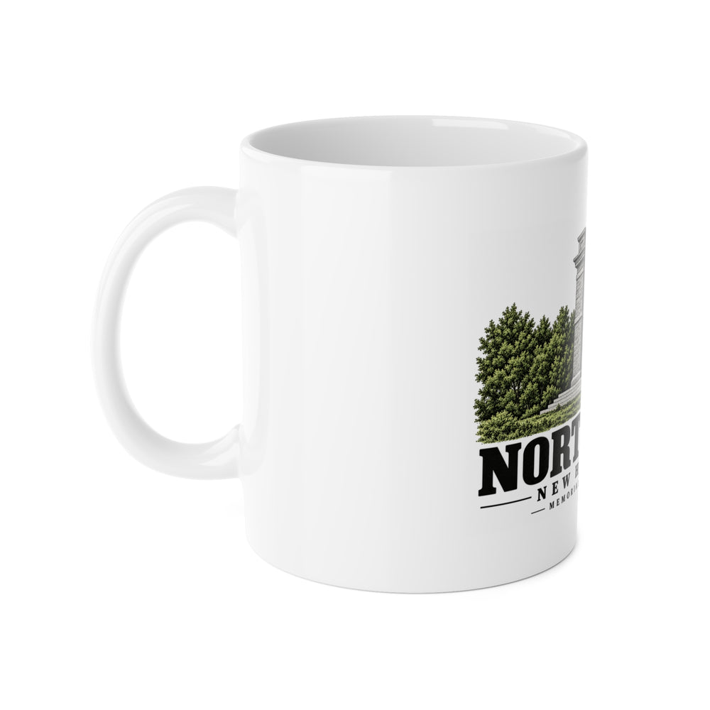 Left-handle side view of Memorial Arch of Tilton white ceramic mug, Northfield, New Hampshire.
